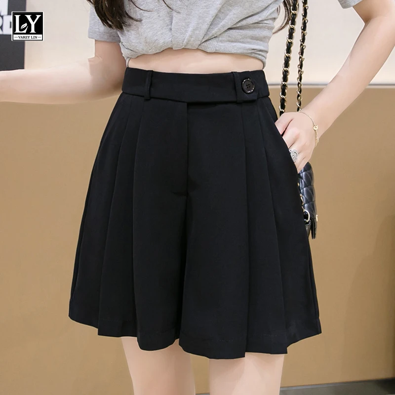 

LY VAREY LIN New Summer Casual Female Wide Leg Straight Ins Ladies Black Shorts Women High Waist Ruffles Loose Purple Shorts