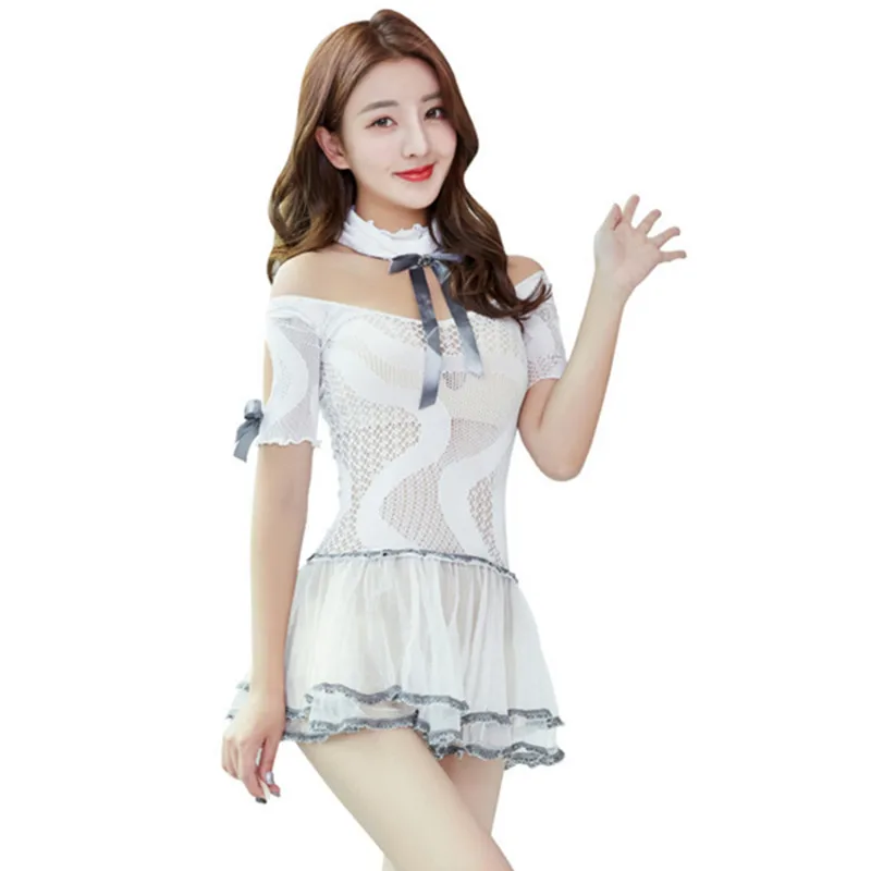 

Sexy lingerie women's lace netting perspective uniform temptation interest set (neck ring+mesh dress+socks) AD0641