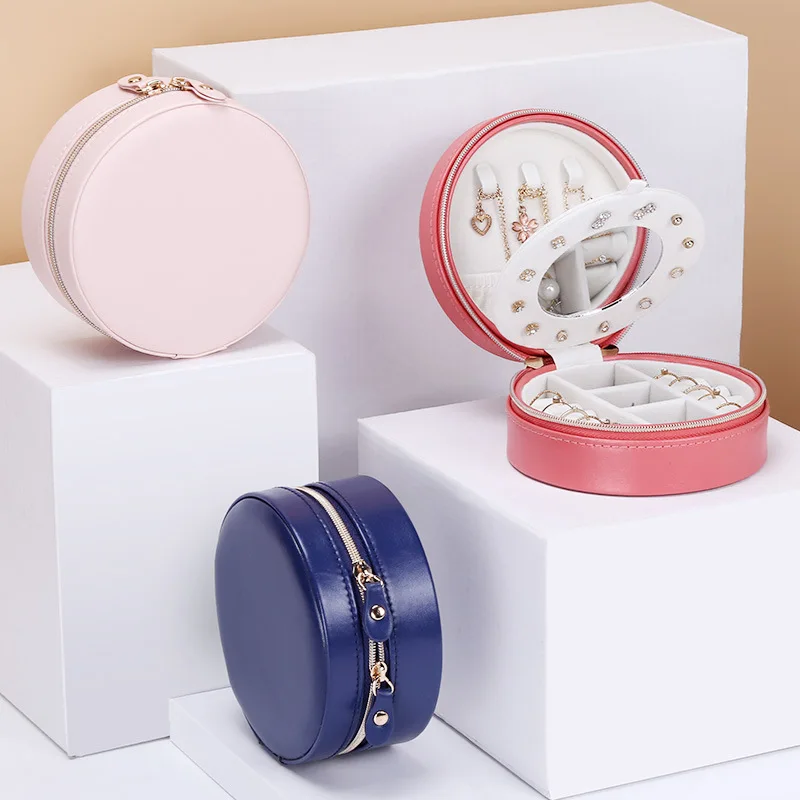 

Fashion New Style Round Portable Jewelry Box PU Leather Sweet Small Fresh Zipper Earrings Necklace Ring Storage Box