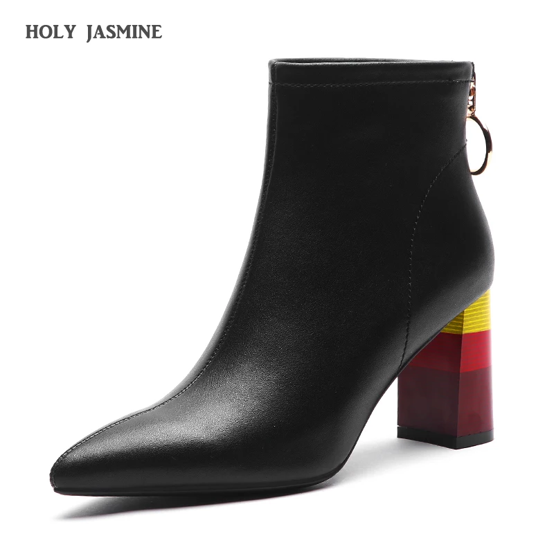 Женские ботильоны из коровьей кожи радужные ботинки на Высоком толстом каблуке с