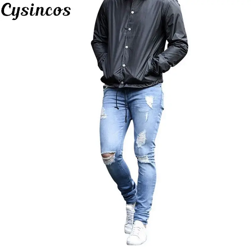 Мужские однотонные джинсы CYSINCOS Модные узкие брюки-карандаш с дырками на каждый