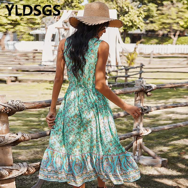 

2021 Spring New Bohemia Floral Dress Women Casual V Neck High Waist Short Sleeve Print Dress For Women Fashion Summer Dress