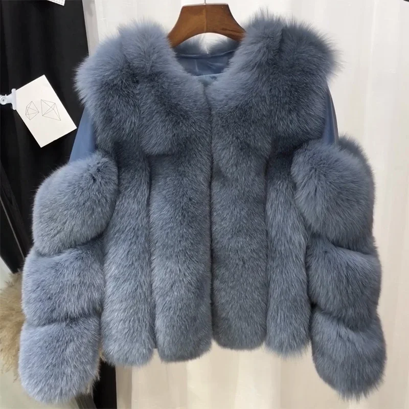 Синий Rf1929 зимнее короткое пальто из натурального Лисьего меха Stlye FluffyReal, натуральная кожа, натуральный мех, куртка с длинным рукавом, женские пальто из натурального меха - Цвет: Синий