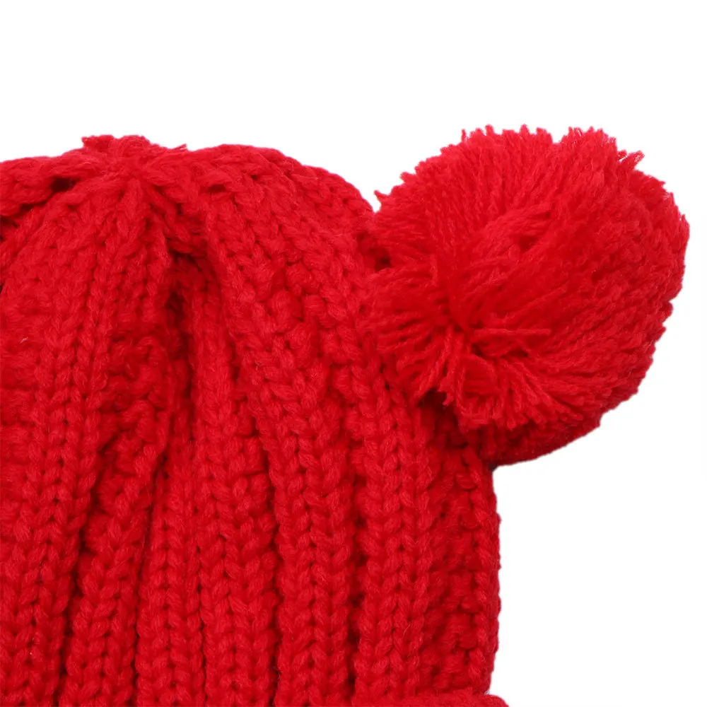 Детская вышивка мультяшного кота Beanie Зимняя Толстая вязаная теплая мягкая шапка с двойным помпоном для мальчиков и девочек, Кепка с ушами, шапочка для малышей