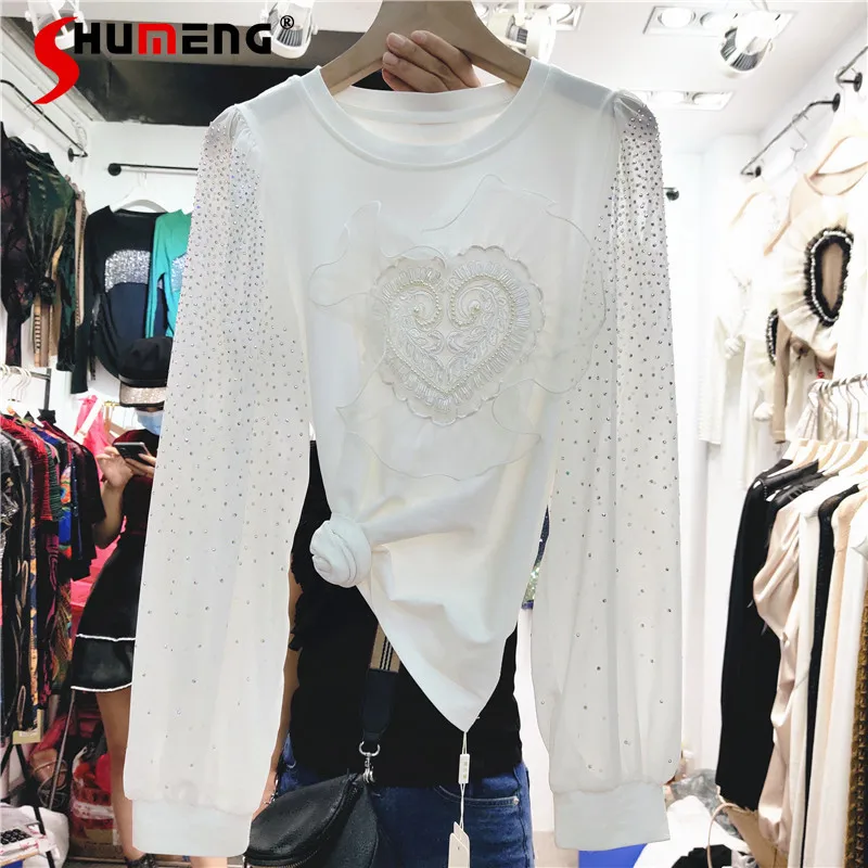 

2021 Early Autumn New Mesh Rhinestone Bubble Long Sleeve Embroidery Love round Neck Slim Thin Knitwear T-shirt