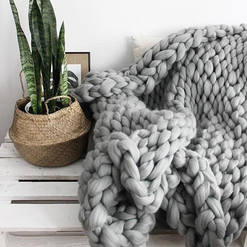 

Hand Knitted Chunky Knit Blanket Thick Weighted Knitting Wool Throw Blankets For Warm Winter Home Sofa Beds Wearable Blanket