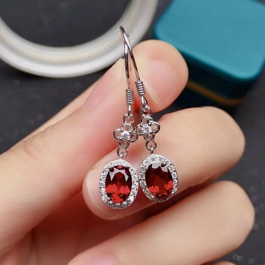 

Elegant Sterling Silver Garnet Drop Earrings 5mm*7mm Natural Garnet Hook Earrings Solid 925 Silver Garnet Eardrop