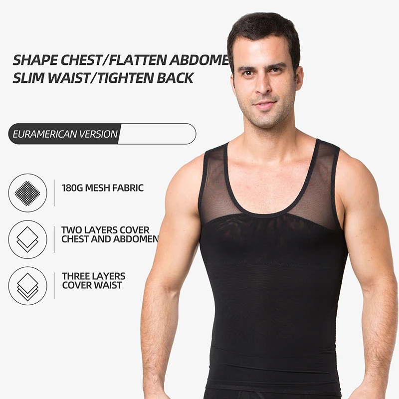 

079 men's body-shaping clothes thin stretch mesh cloth belly vest breast body-beautifying underwear