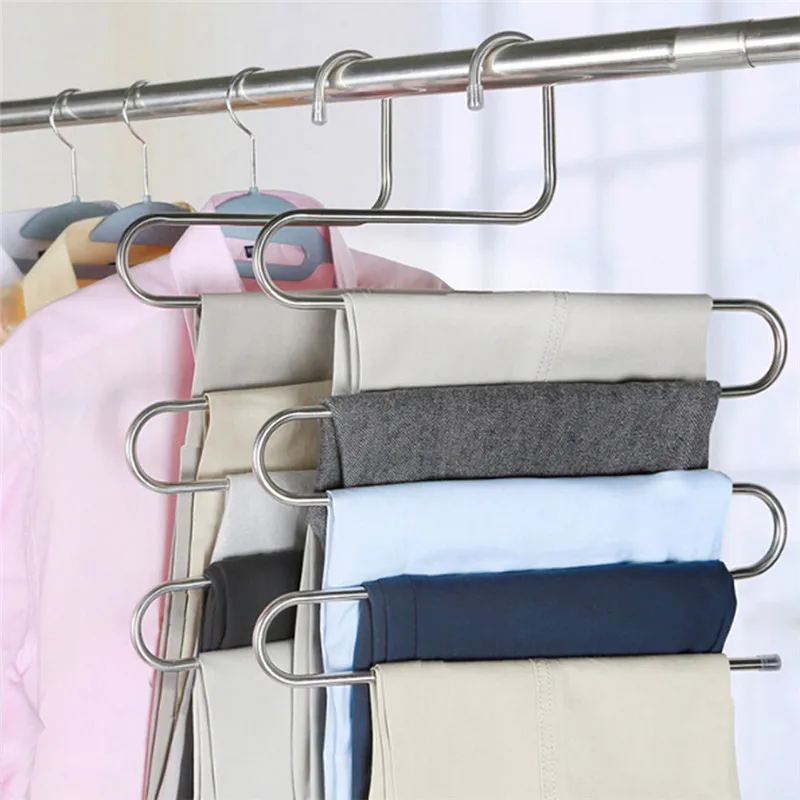 

5 Layers Stainless Steel Trousers Hanger Multi-function Saving Space Pants Closet Belt Holder Rack S-type Household Tidy Supply