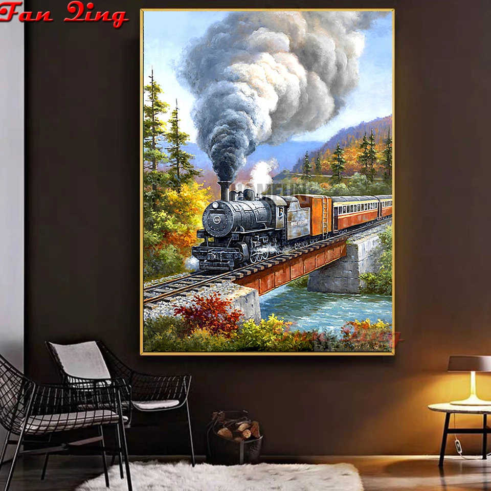 

Алмазная вышивка 5D "сделай сам", квадратные/круглые алмазы, пейзаж Картина с изображением поезда, вышивка крестиком, домашний декор, подарок