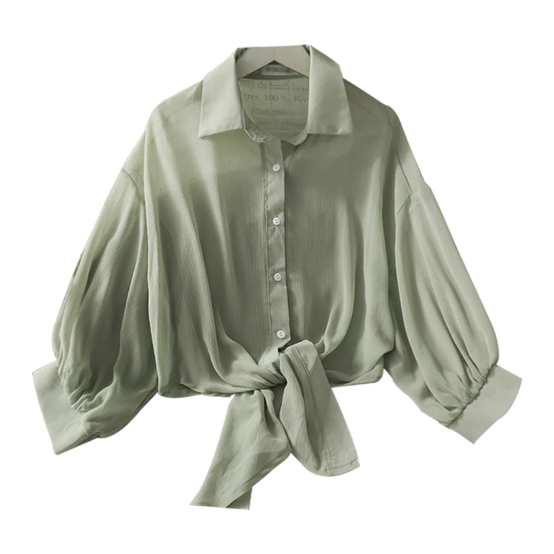 

Korean bow polo collar long sleeve single breasted thin shirt for women
