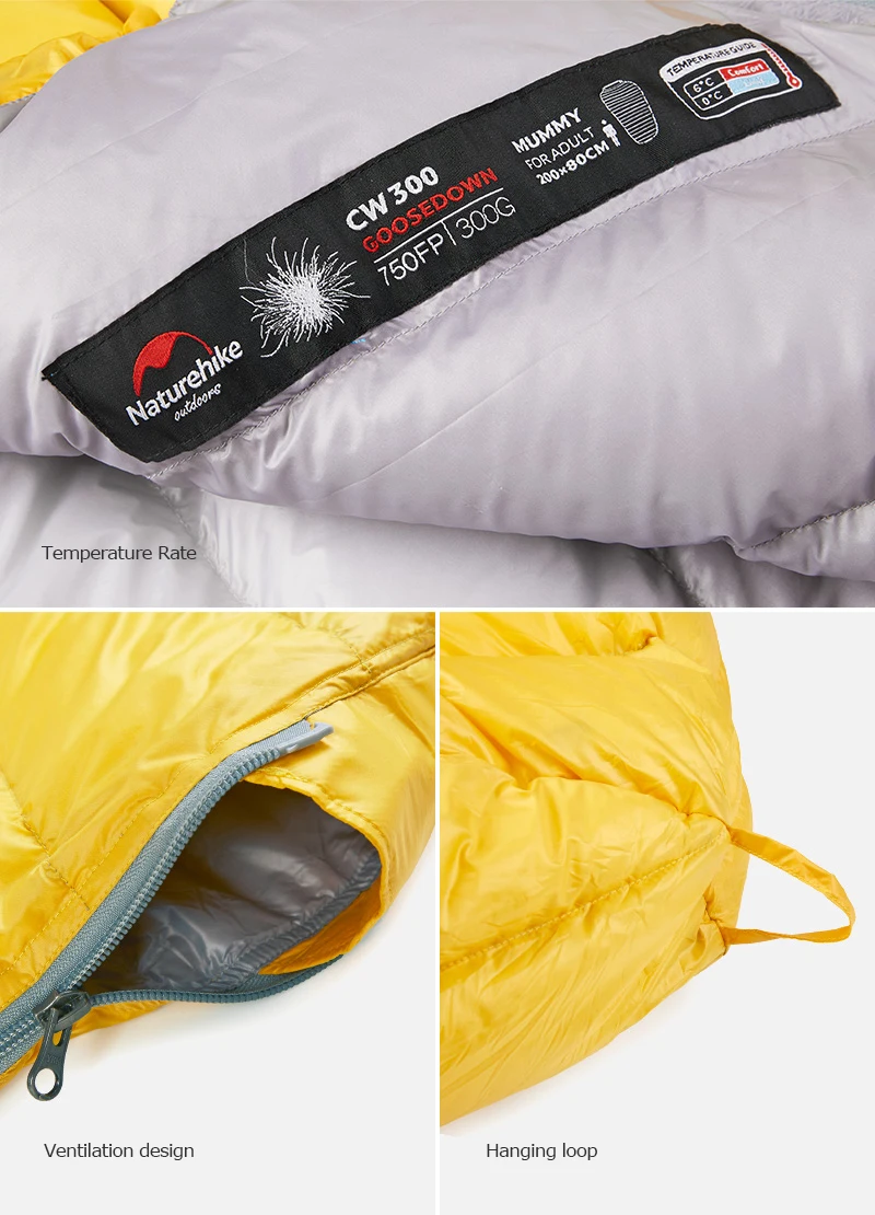 Naturehike NH18S300-D CW300 Легкий 90% белый гусиный пух спальный мешок 750 наполнение питания 3 сезона для кемпинга Пешие прогулки