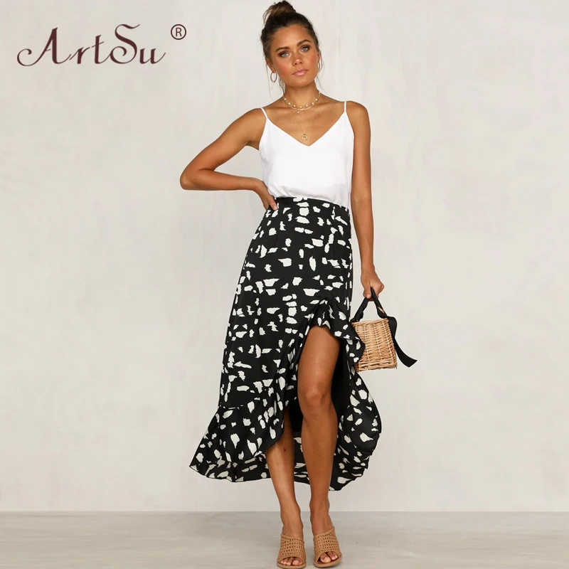 

Женская длинная юбка в горошек ArtSu, черно-белая пляжная юбка в стиле бохо, с высокой талией и оборками, на лето, 2020