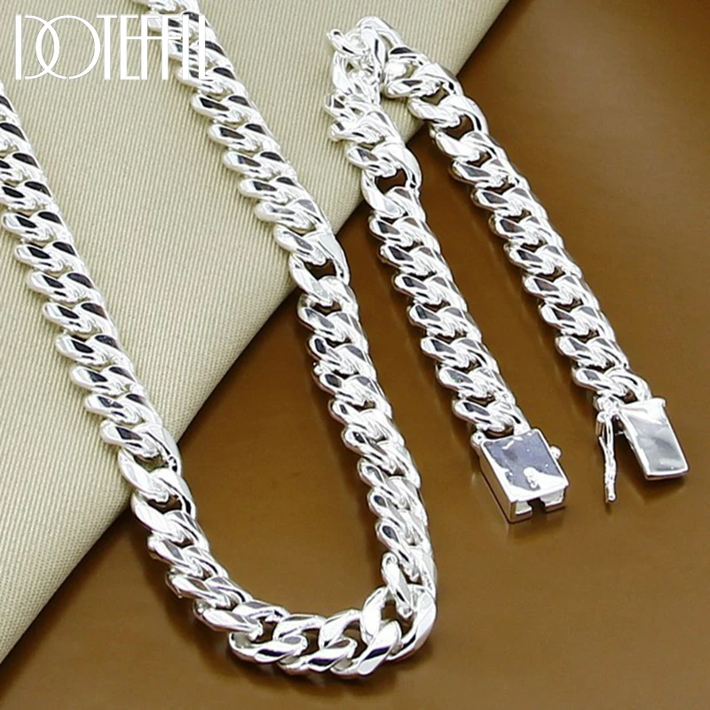 

DOTEFFIL 925 Sterling Silver Sideways 10mm 22 inches Chain Square Buckle Necklace 20cm Bracelet Set For Men Women Jewelry