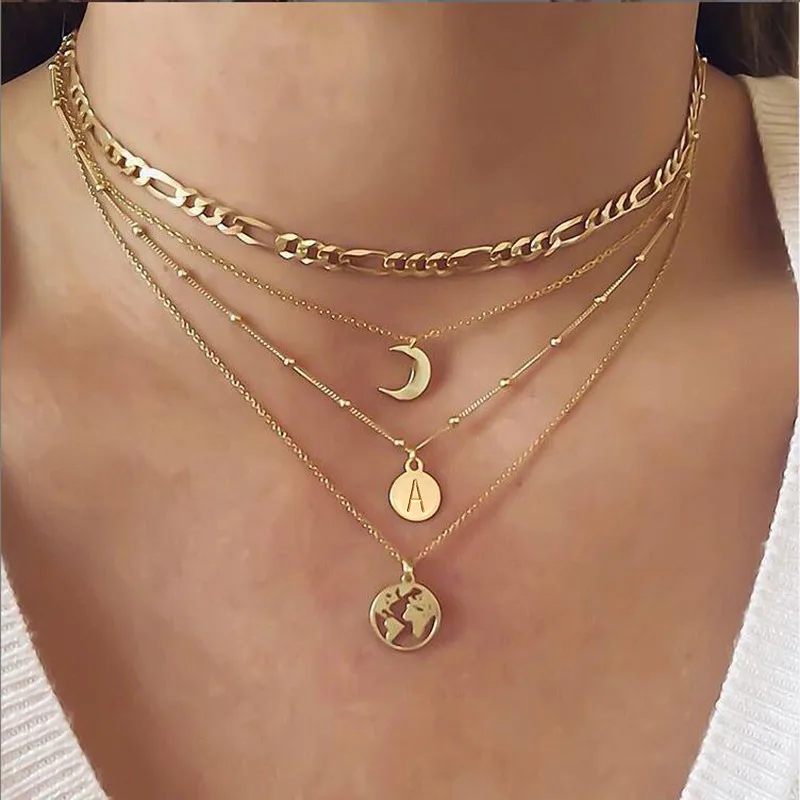 

FNIO Multilayer Moon Map Pendant Necklace For Women Gold Color Round Circle Letter Chain Choker Necklaces Jewelry Party Gift New