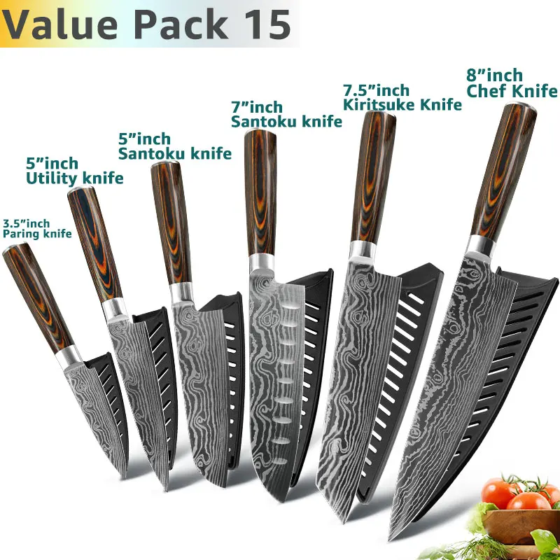 Value Pack 15 Кухонный нож 8 дюймов, японские ножи шеф-повара 7CR17 440C из высокоуглеродистой нержавеющей стали, дамасский чертежный универсальный набор сантоку, Кливер - Цвет: Value Pack 15