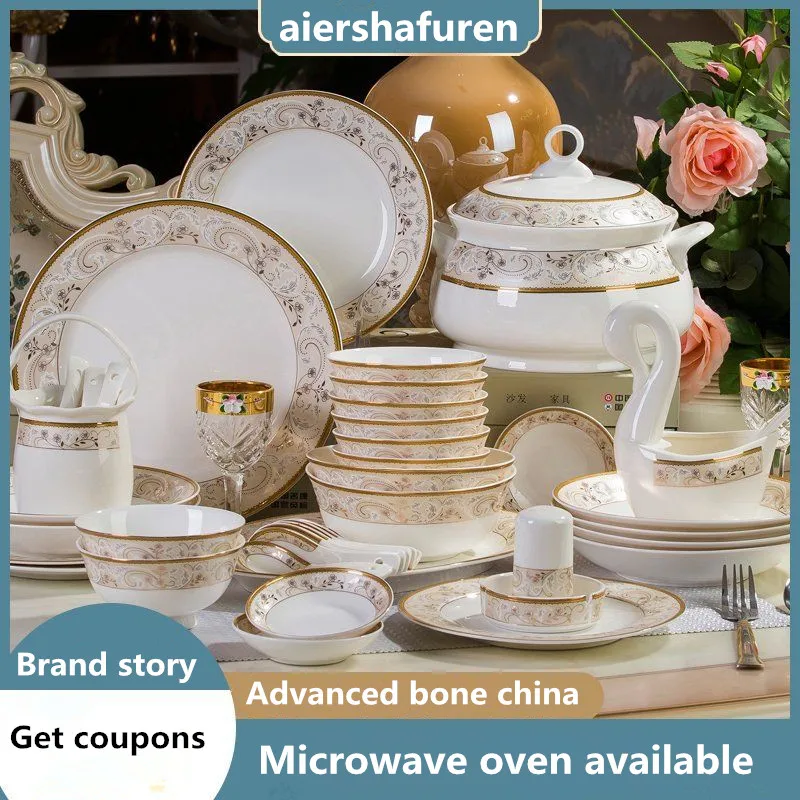 

aiershafuren Dishes set Household European-style simple ceramic Chinese bone china tableware set Bowls and plates