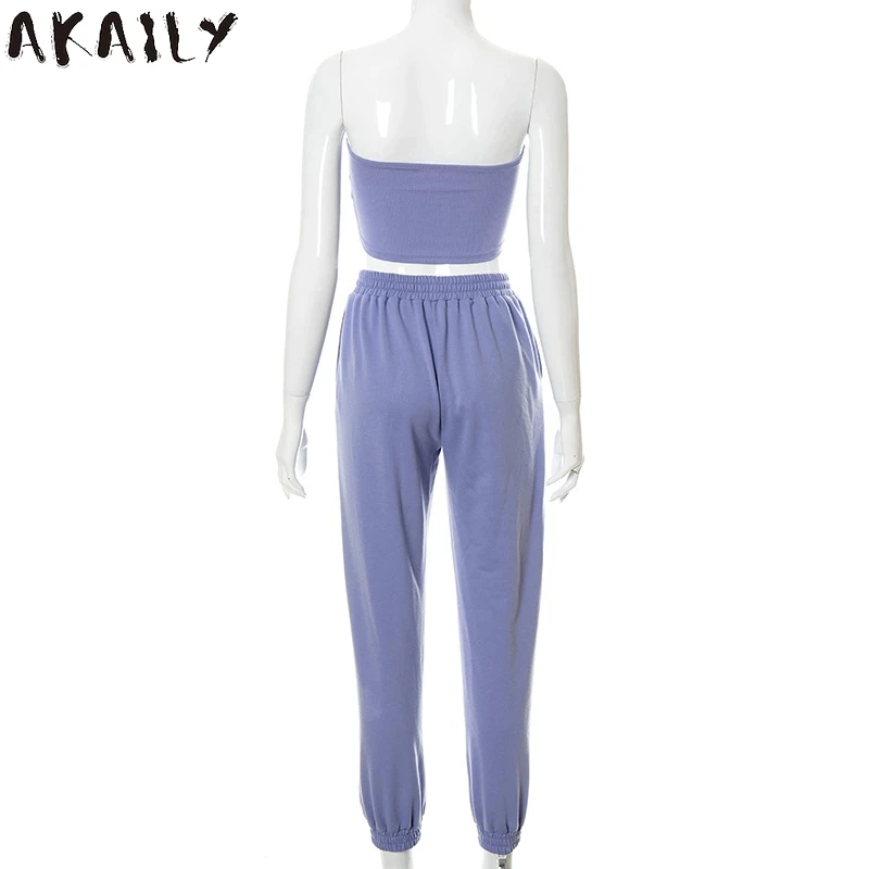 

Akaily Summer Print 2 Two Piece Sets Tracksuit Womens Casual Outfits Strapless Backless Crop Top Elastic Waist Long Pants Sets