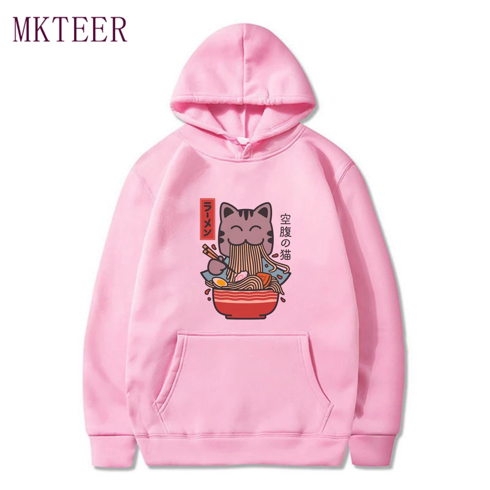 Cartoon Noodles Cat Oversized Hoodie Women Pullover Winter&spring Sweatshirt Women Tops Kawaii White Pink Femme Sweetshirts