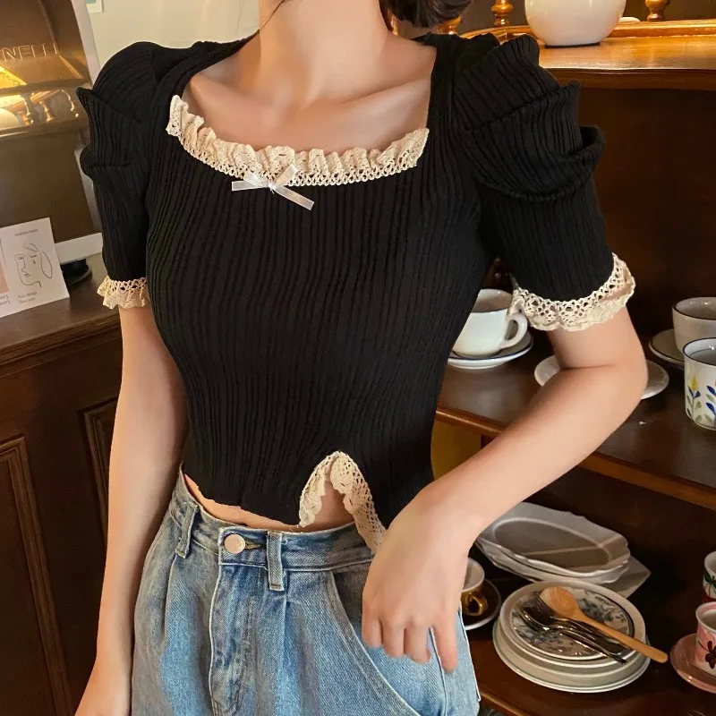 

French Square Collar Temperament Short T-Shirt Female Design Sense Split Lace Slim and Slim Short Sleeve T Shirt Summer