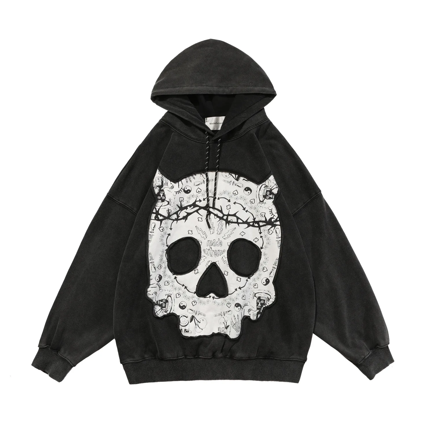 

New autumn/winter hoodie skeleton head patch cloth embroidered dark wash water old loose men and women's same coat