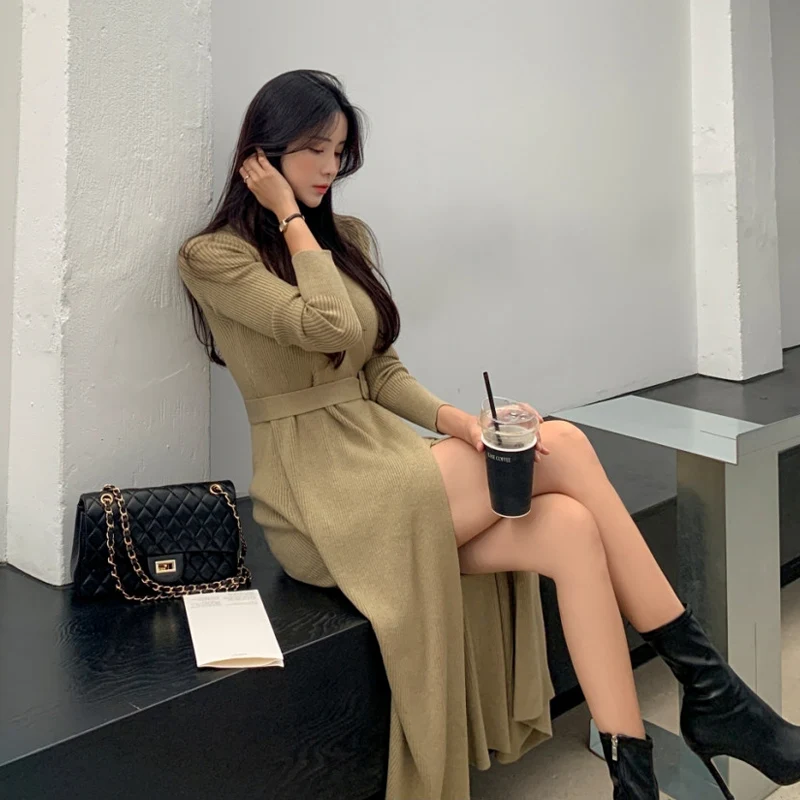 

Autumn Winter Casual Women V Neck Long Knitted Dress Ladies Sweater Dress Lace-up Slim Waist Female Full Sleeve Split Knitwear