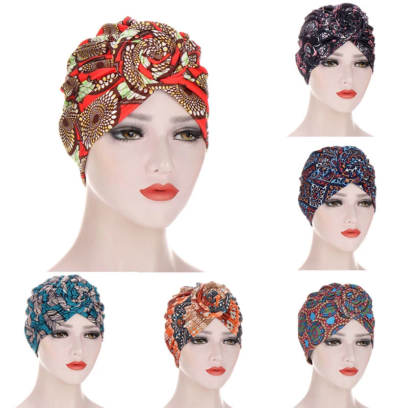 

New Women Pattern Knotted Flower Turban Muslim Turban Twist Knot Colorful India Hat Ladies Chemo Cap Bandanas Hair Accessories