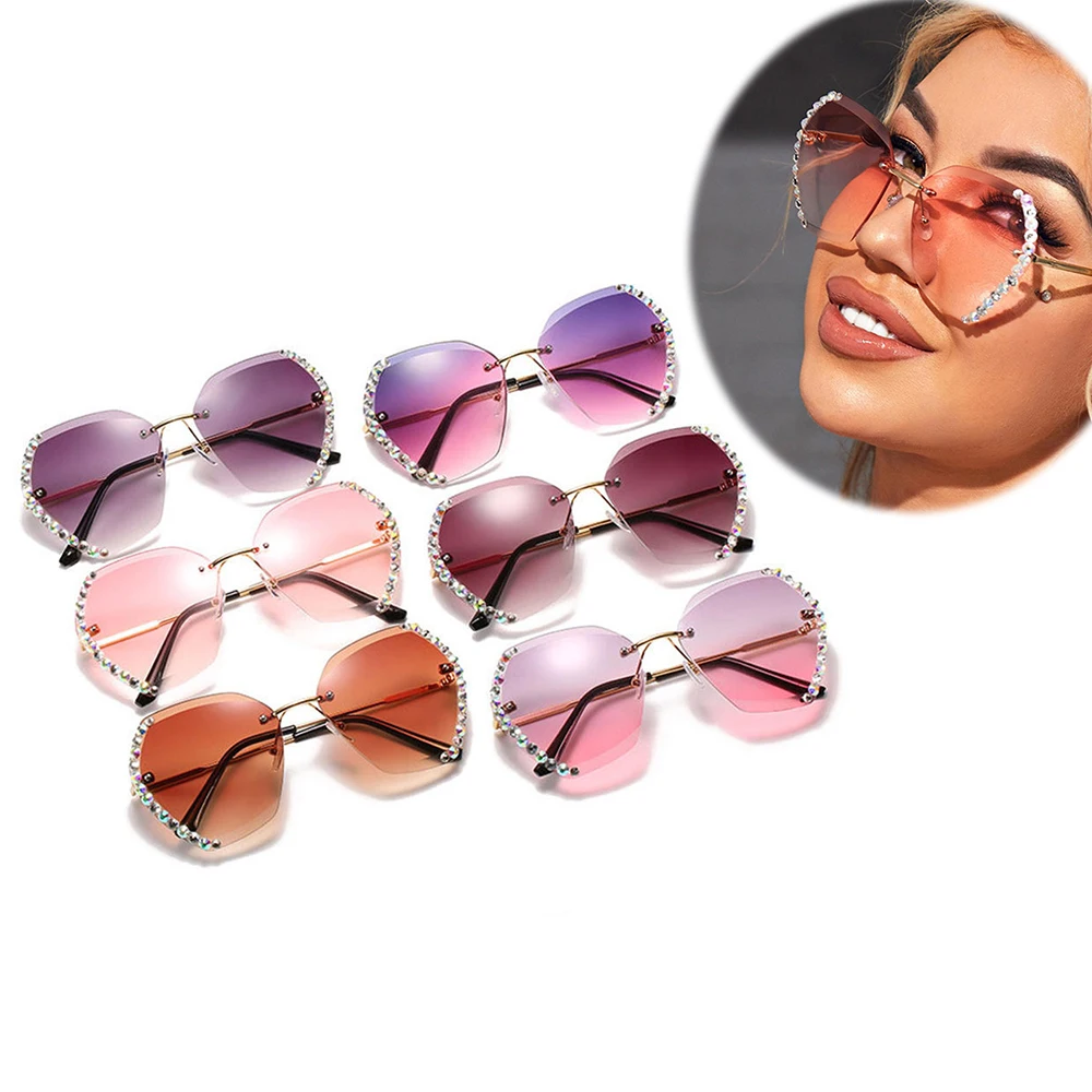 

Women Rimless Oversized Sunglasses Gradient Lens, Diamond Cutting Lens Sun Glasses Retro Ladies Metal Frame Sunglasses