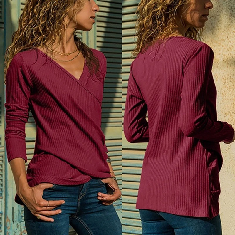 Women Basic T Shirt Top Autumn Criss-Cross V Neck Long Sleeve T-shirt Female Casual Tops Tees Cotton Blend Womens T-Shirts |