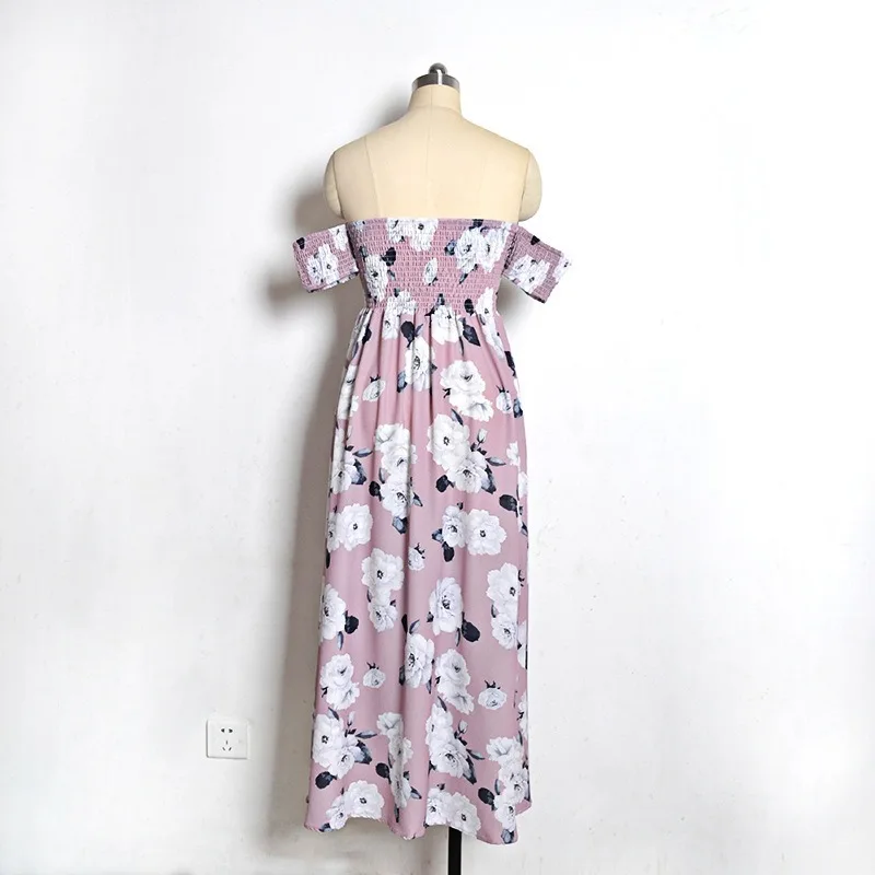 

European and American Popular Sexy Off Shoulder Wrap Chest Long Dress with Split and Irregular Chiffon Beach Print Dress Casual