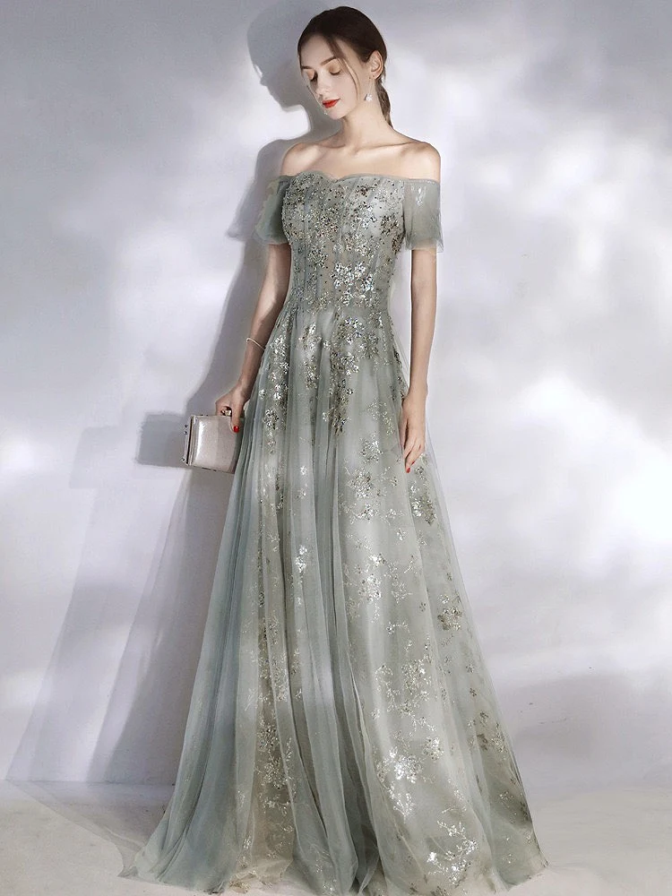 

Luxury Gray Cyan Evening Dress Boat Neck Strapless Bead Sequin Appliques Long Wedding Banquet Guests Prom Party Gown Formal 2021
