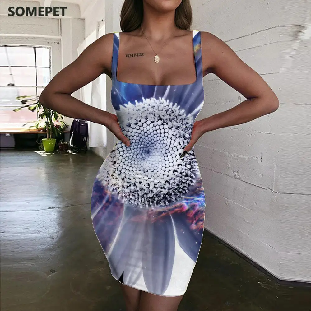 SOMEPET Flowers Dress Women Galaxy 3d Print Painting Bodycon Dress Psychedelic Halter Sleeveless Womens Clothing Club New Boho