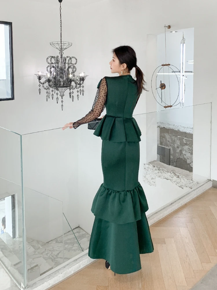 

High-End Ruffled Evening Dress Two-Piece Set 2021 Spring Perspective Dot Mesh Stitching Bow Top High Waist Slim Elegant Skirt