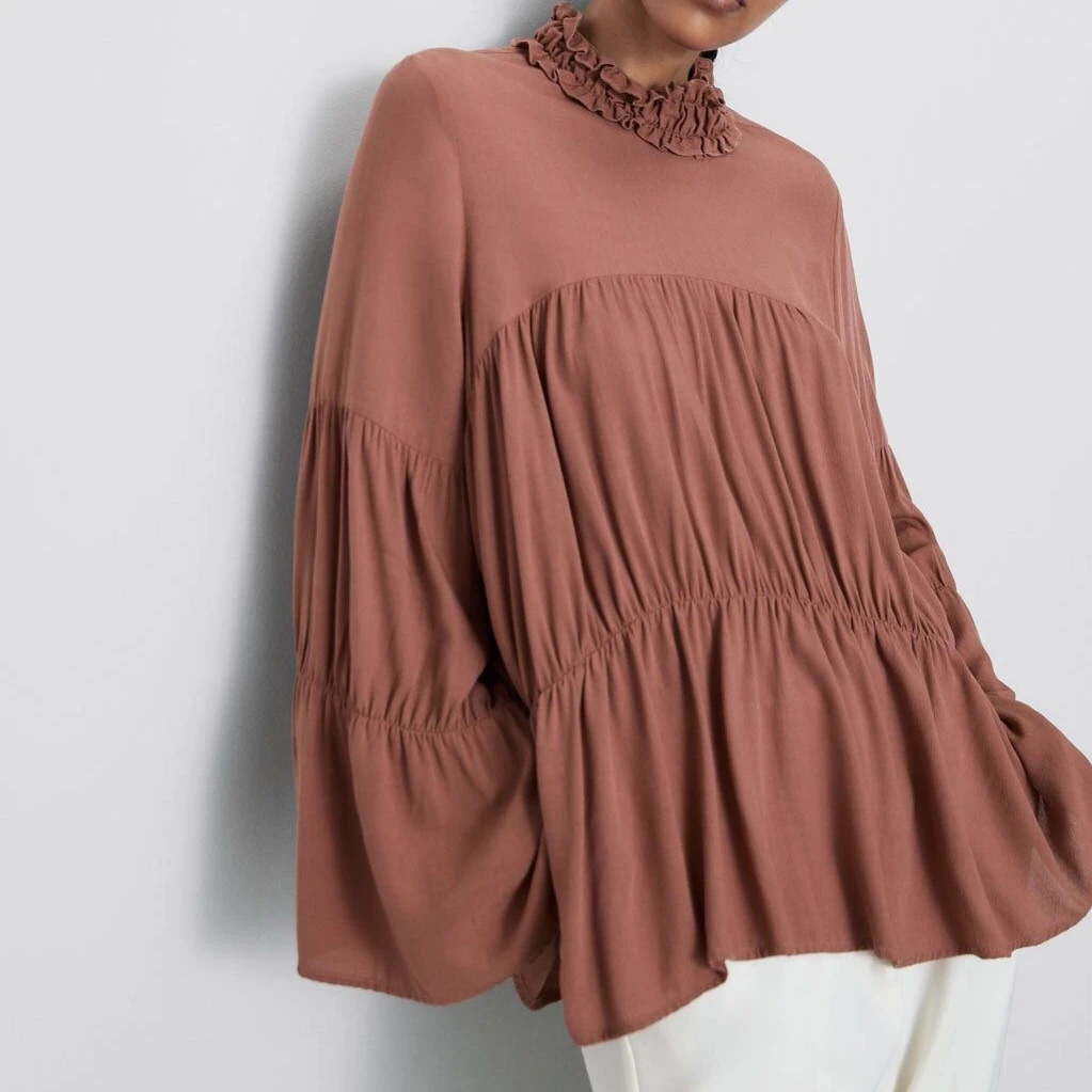 2019 Autumn New Half High Collar Smock Solid Loose Flare Sleeve Office Lady Vertical Fold Long Womens Tops and Blouses |