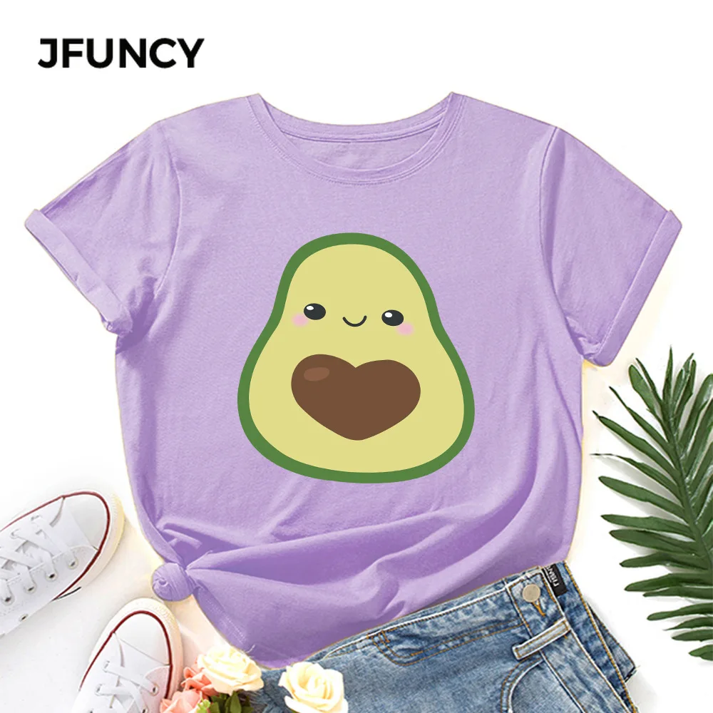 JFUNCY  Women T Shirt Summer Short Sleeve Cotton T-Shirt Cute Avocado Print Female Tops Oversize Woman Casual Tshirt