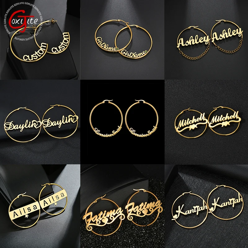 Goxijite High Quality Personalized Name Earring For Women Stainless Steel Custom Diameter 50mm Circle Name Earrings Party Gift