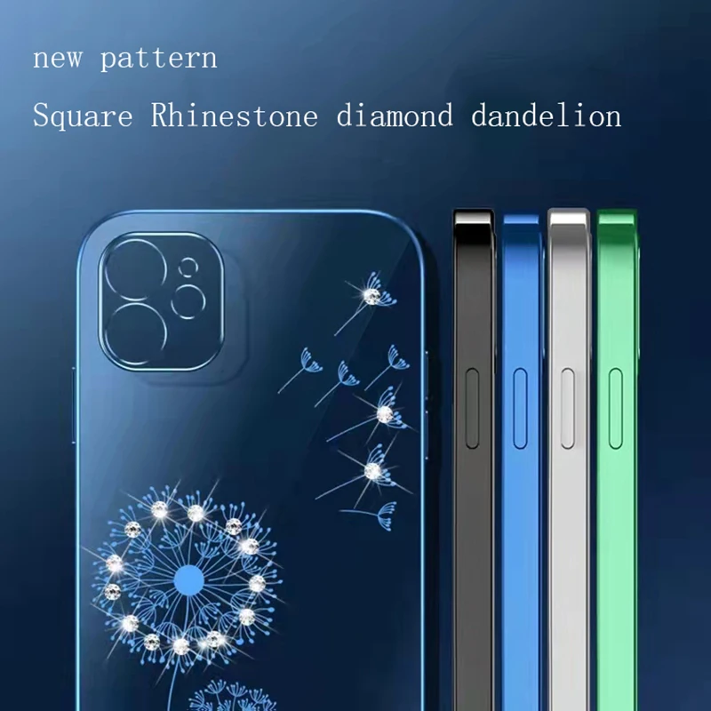 

Square Straight Edge Clear Case for IPhone 12 11 Pro Max Full Lens Protection Cover IPhone X Xs Xr 8 PLUS Rhinestone Dandelion