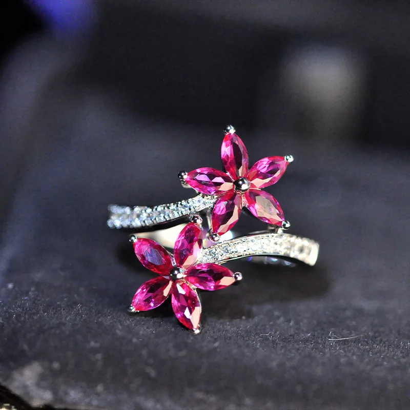 

Korean Design Ruby Flower Ring 925 Silver Gem Inlaid Ring Plum Flower Ring rings for women engagement ring Ring 11