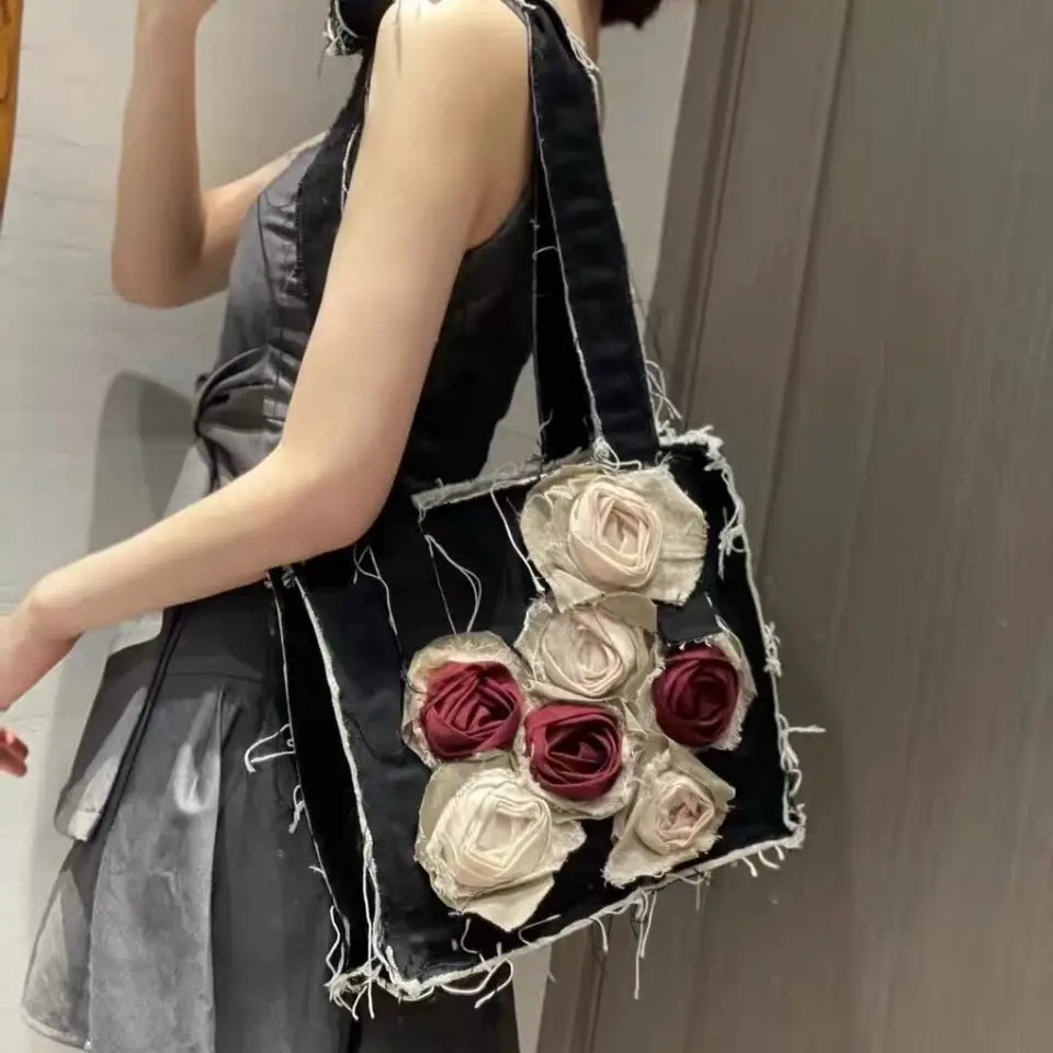 

Women Bag 3D Rose Canvas Square Vintage Zipper High-Capacity Shoulder Bags Handbags Girls Bag Mori Girl