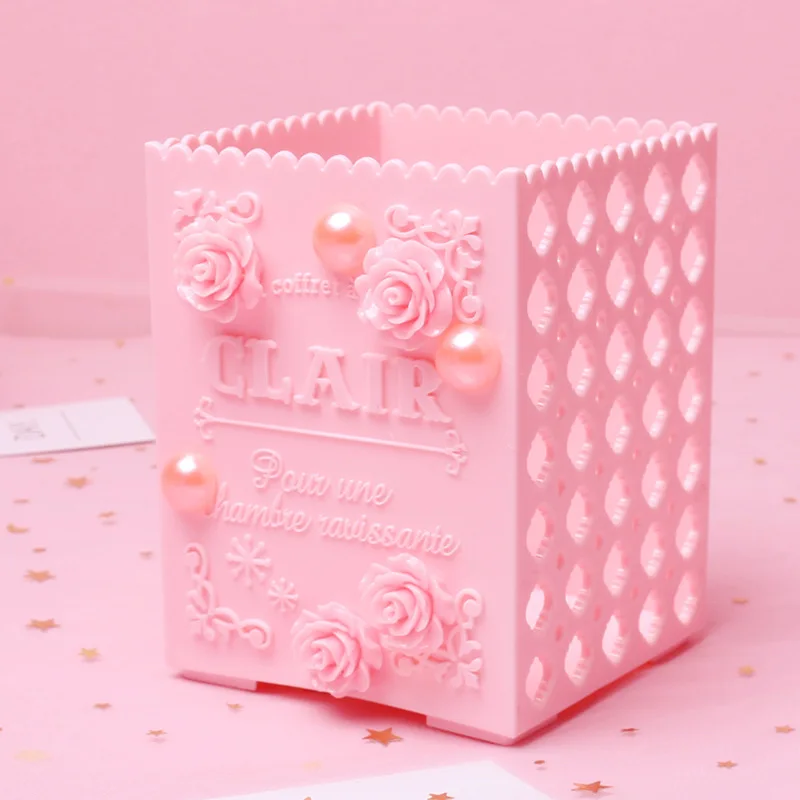 Pink Carve Cosmetic Brush Storage Box Holder Makeup Skin Care Rack Mobile Phone Stationery Organizer Container Pencil Bucket Bin