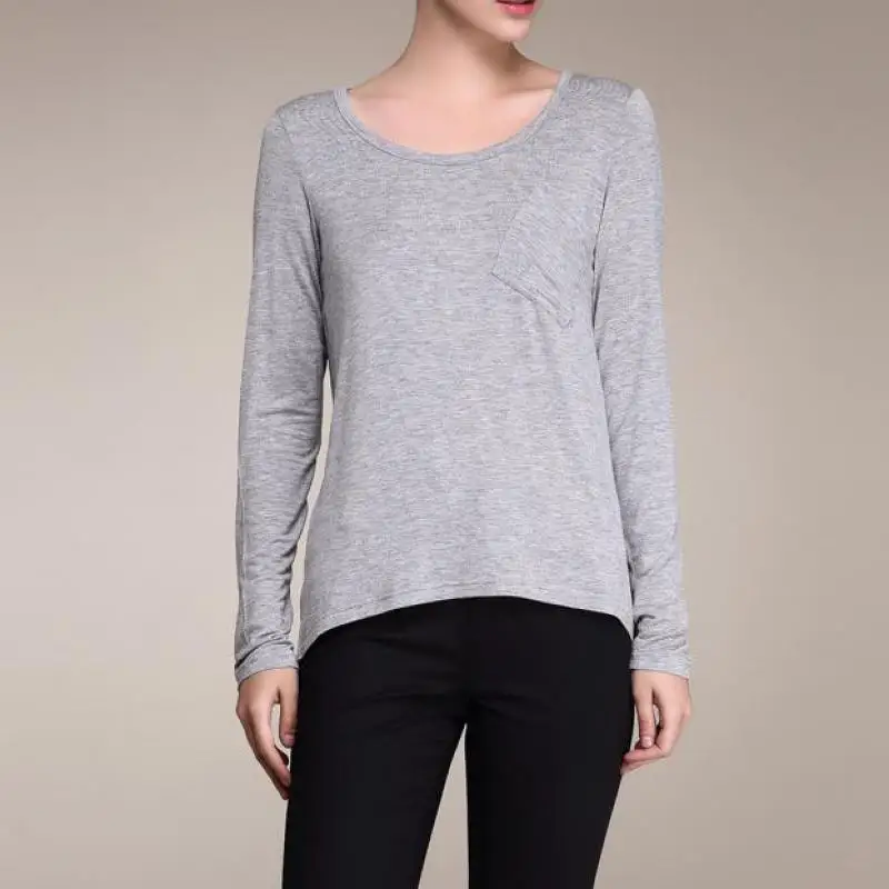 Модальный длинный рукав с круглым вырезом Однотонная футболка Весна Лето Новое