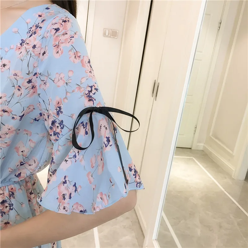 Летнее шифоновое женское платье с принтом Kawaii, до середины икры, с расклешенными рукавами, с v-образным вырезом, офисное винтажное вечернее платье, vestidos, милая одежда