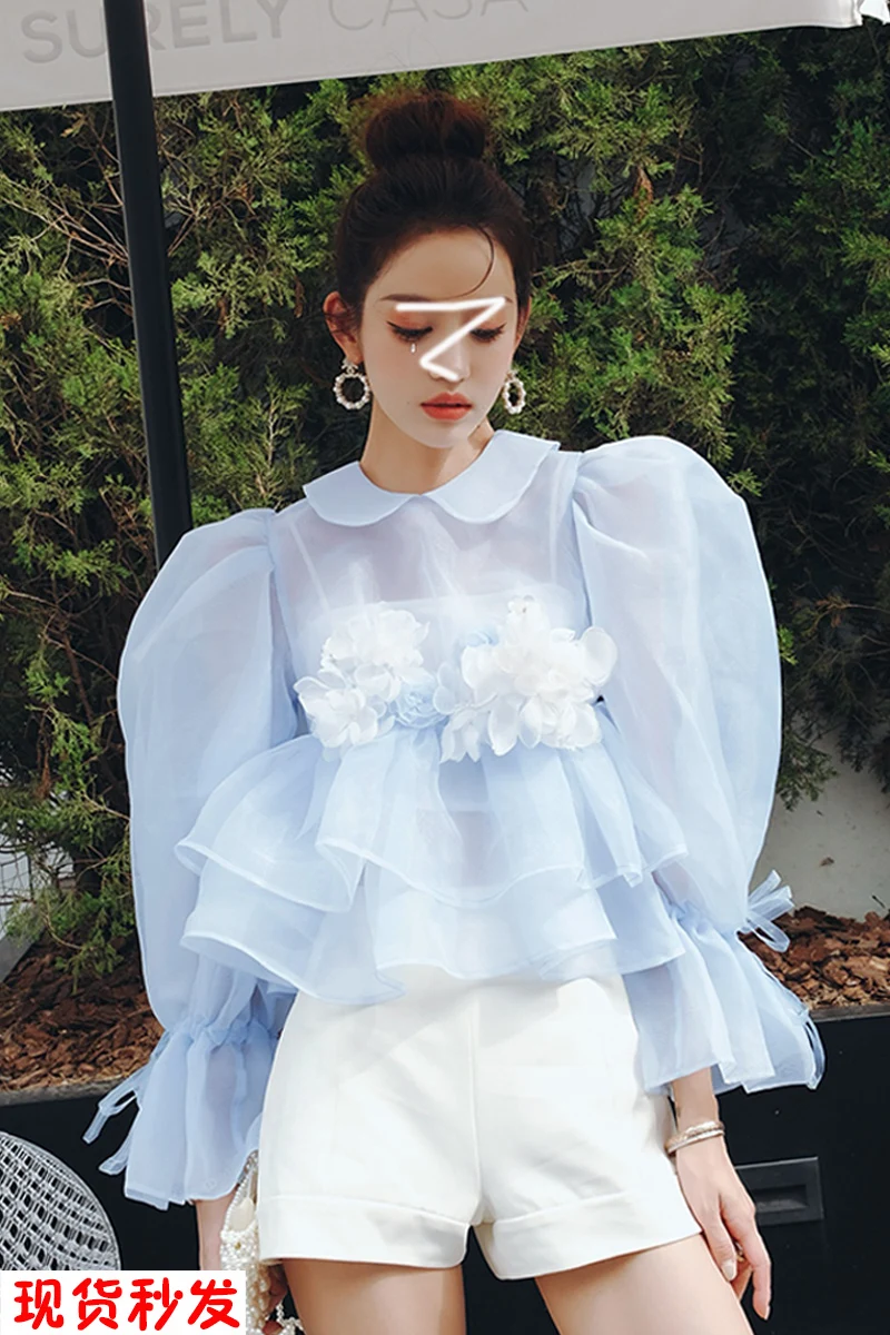 

Organza Ruffled Flower Slim Waist Shirt Women's Summer Sweet See Through Pleated Blouses Female Sexy Puff Sleeve Short Top