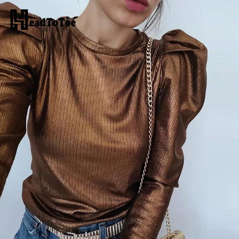 Блузка женская однотонная Повседневная с длинным рукавом и круглым