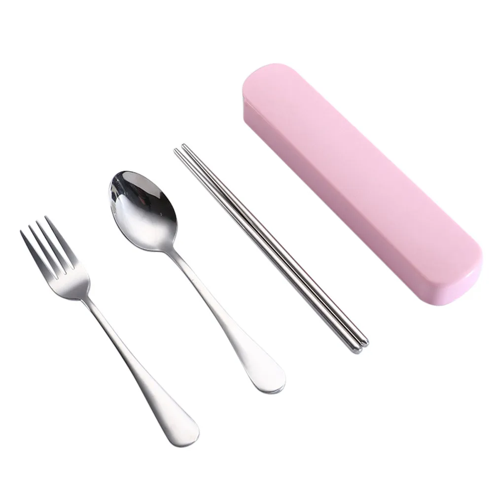 Pink 3 pcs 4 шт многоразовые столовые приборы комплект переносной посуды палочки вилка ложка набор столовых приборов Кемпинг путешествия набор серебряных изделий - Цвет: Pink 3 pcs
