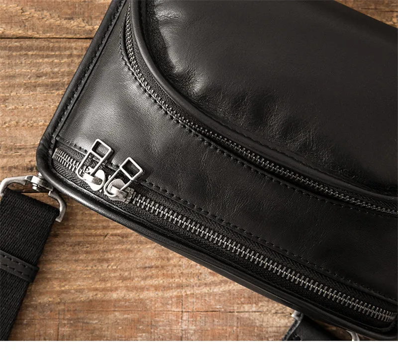 Simple Casual Fashion genuine Leather Men's Black Chest Bag Daily Outdoor Weekend Travel Soft cowhide Shoulder Messenger Bag