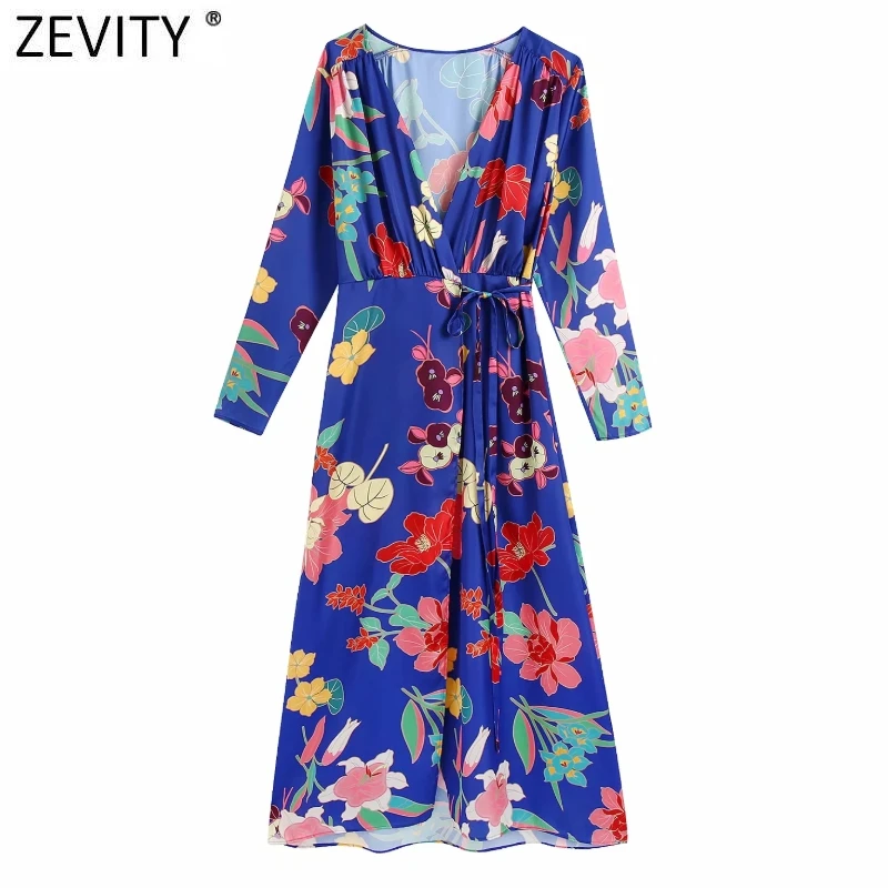 

Zevity 2021 Women Vintage Pleat Cross V Neck Floral Print Lace Up Midi Shirt Dress Female Chic Casual Slim Kimono Vestido DS8740