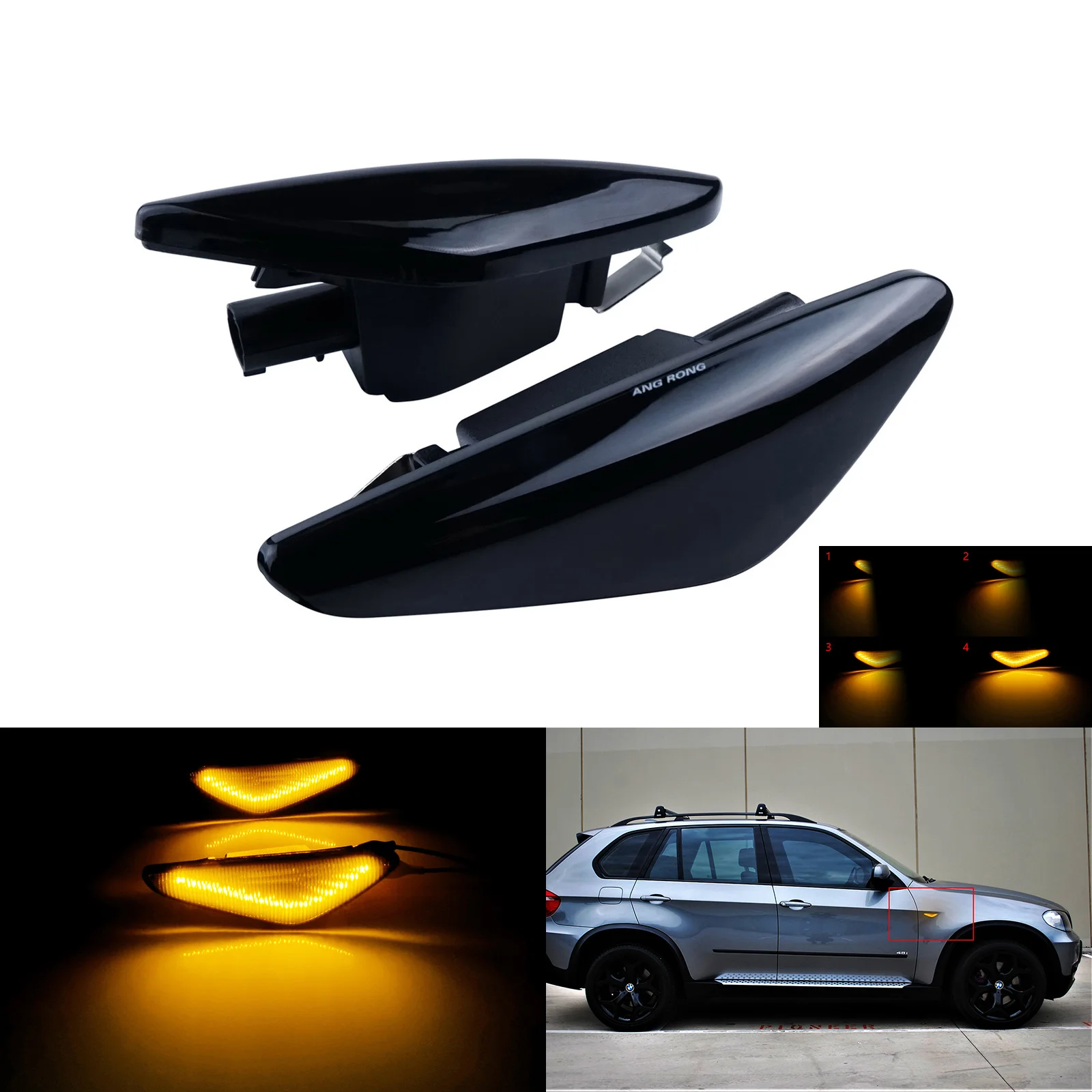 

ANGRONG 2x Fit BMW X5 X3 X6 F25 E70 E72 Dynamic LED Side Marker Repeater Light Canbus