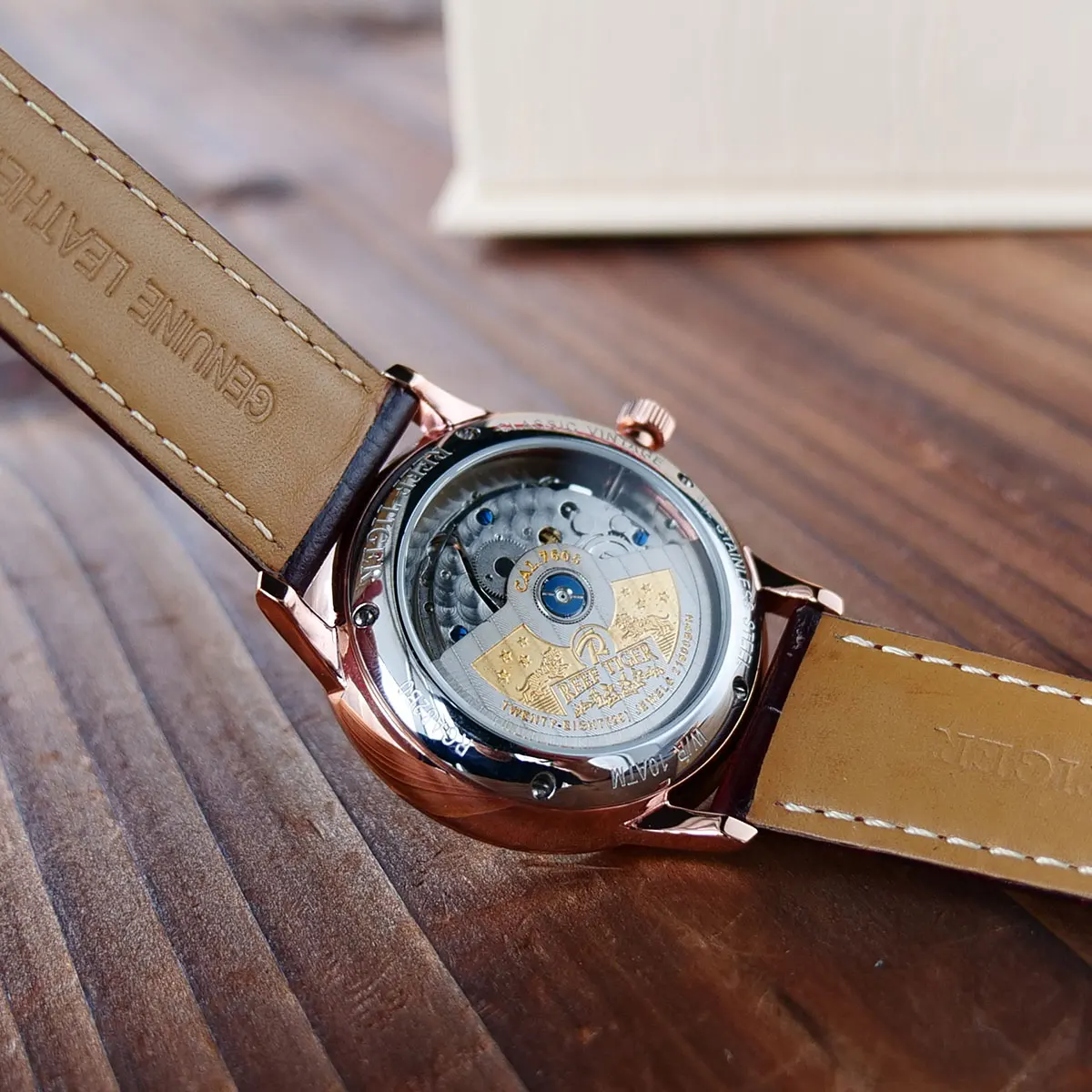 

2021 Reef Tiger/RT Top Brand Luxury Casual Watches Mens BLack Genuine Leather Strap Steel Automatic Watch RGA82B0-2