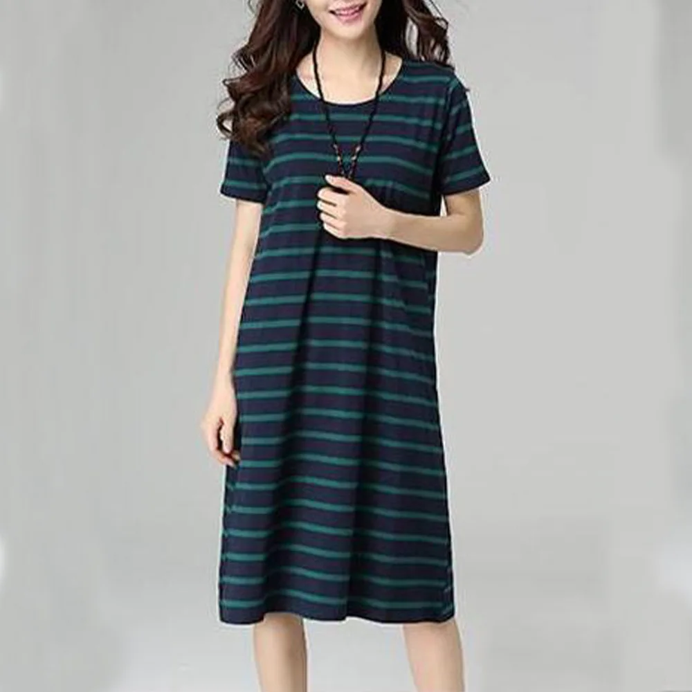 

2020 Spring And Summer Women's Casual Skirt Loose Striped Short-sleeved Mid-Length Hedging Round Neck Comfortable Dress